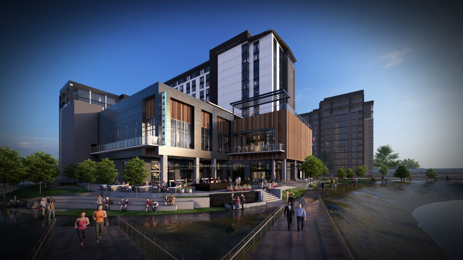 rendering of hotel in Research Triangle Park with an outdoor view and patio seating