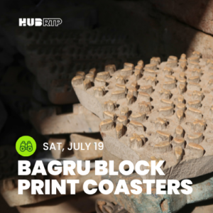An image of a Bagru Block and the title of the event, Bagru Block Print Coasters